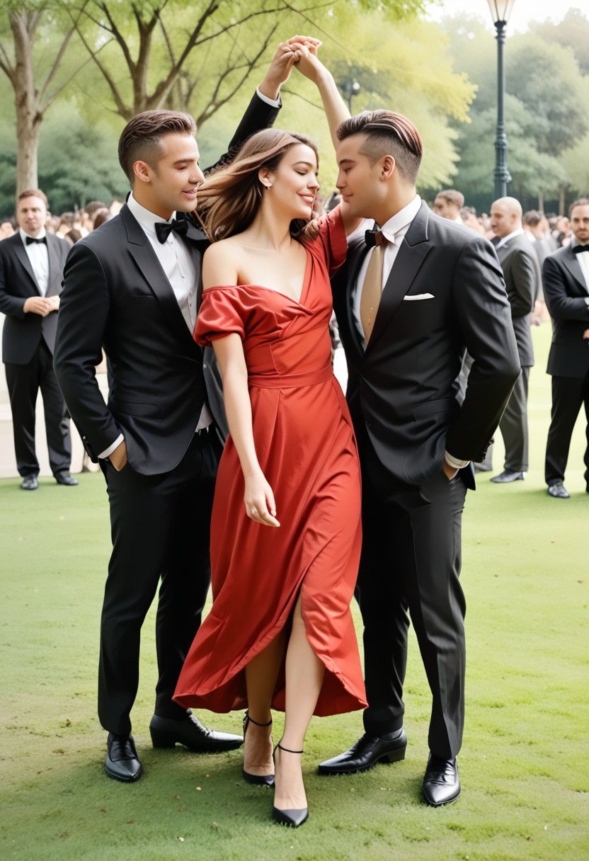 DanWiTu. female and a male dancing together in park,  The female wears ((sexy short red off-the shoulder dress)), (((surrounded by males in suits))),