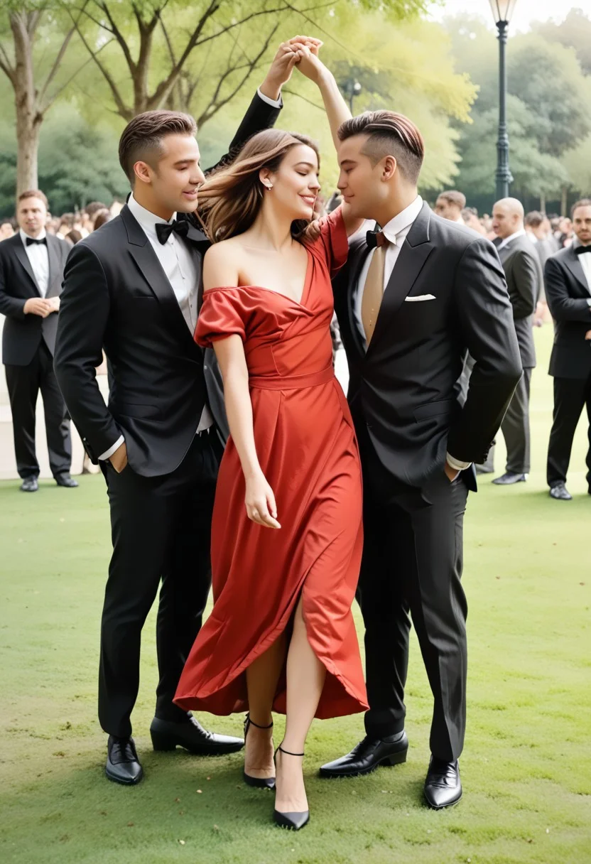 DanWiTu. female and a male dancing together in park, The female wears ((sexy short red off-the shoulder dress)), (((surrounded by males in suits))),