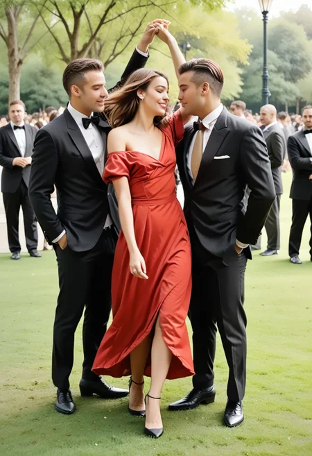 DanWiTu. female and a male dancing together in park, The female wears ((sexy short red off-the shoulder dress)), (((surrounded by males in suits))),