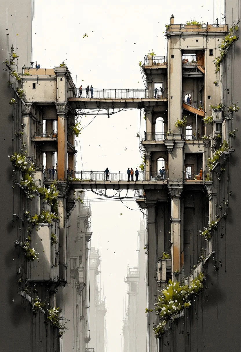 The mother of all ancient dilapidated vertiginous bridges, atmospheric view, sketching