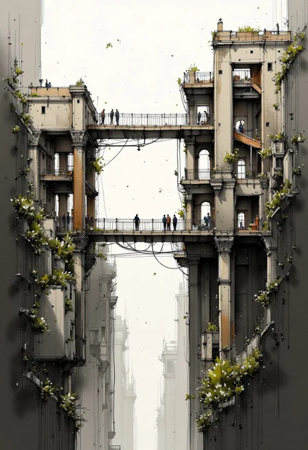 The mother of all ancient dilapidated vertiginous bridges, atmospheric view, sketching
