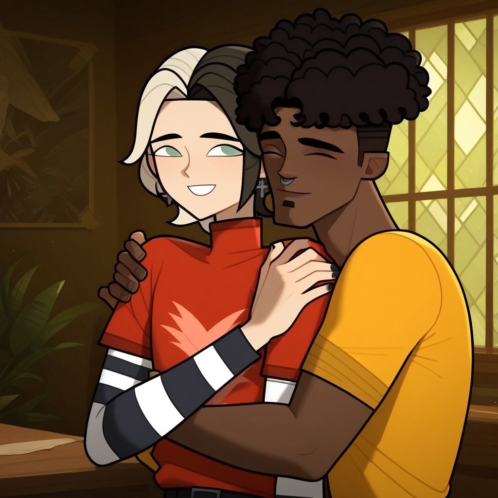 score_9, score_8_up, score_7_up,score_6_up, 2males, perfect hands, detailed eyes, perfect eyes, perfect shadows, detailed eyes, beautiful eyes, BREAK, 1male, Aiden_Disventurecamp, watergreen eyes, two tone hair, half-white-half-brown hair, wolfcut-styled hair, small pointed nose, Grey-colored crucifix earrings, red short-sleeved turtleneck, red shirt, black and white striped long-sleeves, navy trousers, black belt, pale skin, shoulder-length hair, layered sleeves, layered hair, wolf cut, two-tone hair, pink angel silhouette on shirt, black very short nails, soft smile, short, BREAK, 1male, James_Disventurecamp, dark skinned male, septum nose ring, soul patch facial hair, septum nose ring, undercut, short afro, yellow shirt, dark brown hair, ((soul patch)), black eyes, muscular, septum, piercing, fro haircut, (short afro), tall, 1tall, 1short, hd, couple