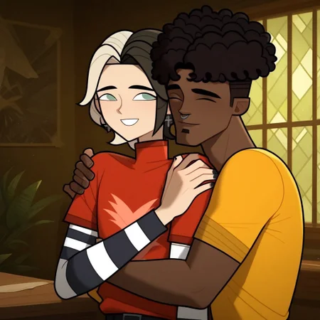 score_9, score_8_up, score_7_up,score_6_up, 2males, perfect hands, detailed eyes, perfect eyes, perfect shadows, detailed eyes, beautiful eyes, BREAK, 1male, Aiden_Disventurecamp, watergreen eyes, two tone hair, half-white-half-brown hair, wolfcut-styled hair, small pointed nose, Grey-colored crucifix earrings, red short-sleeved turtleneck, red shirt, black and white striped long-sleeves, navy trousers, black belt, pale skin, shoulder-length hair, layered sleeves, layered hair, wolf cut, two-tone hair, pink angel silhouette on shirt, black very short nails, soft smile, short, BREAK, 1male, James_Disventurecamp, dark skinned male, septum nose ring, soul patch facial hair, septum nose ring, undercut, short afro, yellow shirt, dark brown hair, ((soul patch)), black eyes, muscular, septum, piercing, fro haircut, (short afro), tall, 1tall, 1short, hd, couple
