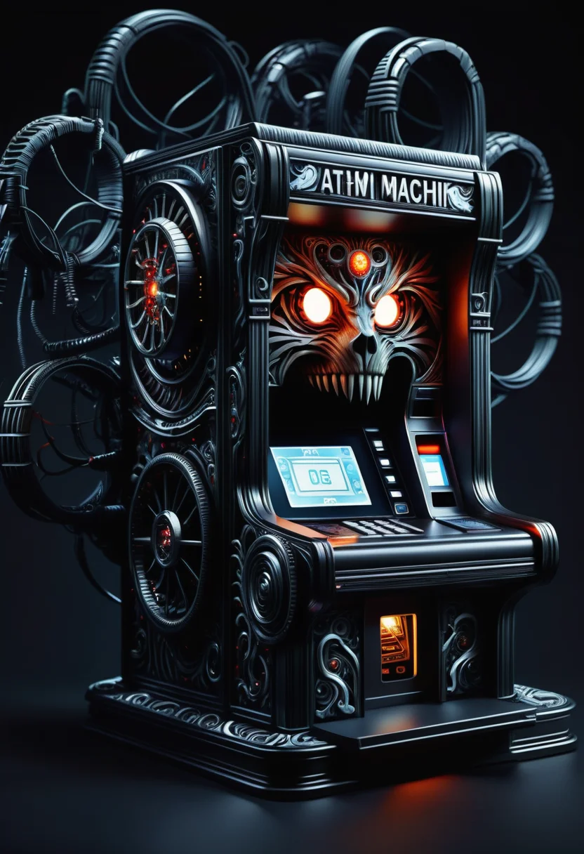 hyper detailed masterpiece, dynamic, awesome quality, DonMN1gh7D3m0nXL atm (automated teller machine), trackpads,escapement wheels,temperature settings,cabling,neutral body alignment,telescopic legs, circuit pattern, wrinkled, made of night <lora:DonMN1gh7D3m0nXL-v1.1-000008:1>