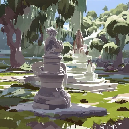 marble statues and cascading water fountains surrounded by the garden of eden, PaintStyle3