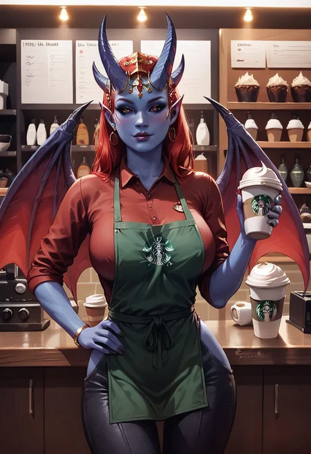 score_9, score_8_up, score_8, 1girl, detailed, high definition, perfect quality, blue skin, red iris, black eyes, red hair, demon horns, demon wings, seductive, posing, natural breasts, thigh gap, coffee shop, starbucks, shirt, black pants, green apron, holding coffee tray with drinks, serving table