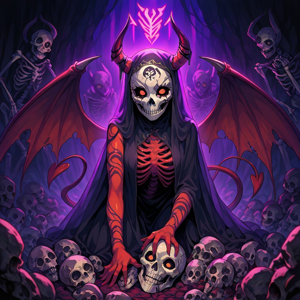 masterpiece, best quality, newest, absurdres, highres, NeoAV1.0, neon lights, ultraviolet light,
1girl, red skin, red colored skin, demon girl, succubus, demon horns, horns, demon wings, demon tail, wings, horror (theme), monster girl, skull, skull mask, bones, skeleton, veil, veiled face, mask,