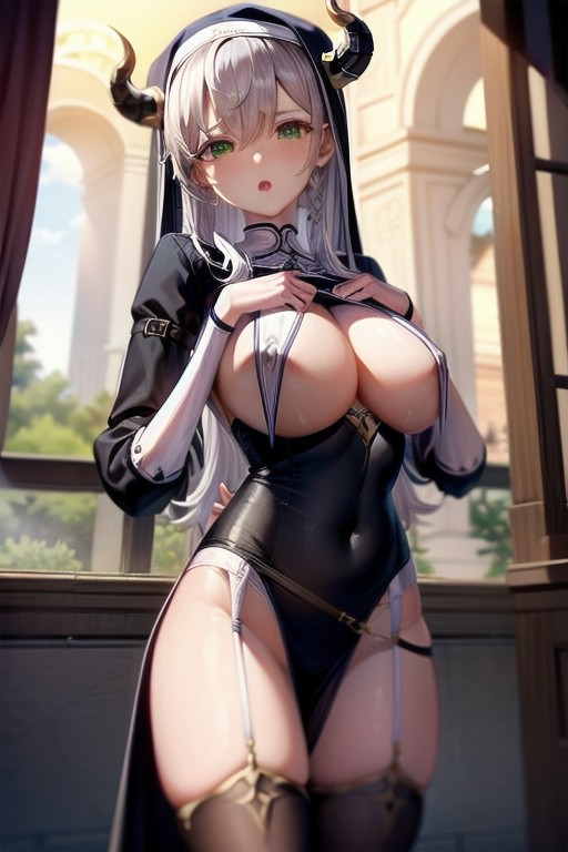 shirogane noel, green eyes, breasts, grey hair, large breasts, long hair, braid, official alternate hairstyle, hair between eyes, virtual youtuber, horns, thighhighs, white thighhighs, cleavage, long sleeves, bangs, nun, pelvic curtain, blush, garter straps, dress, hair ornament,,shirtlift