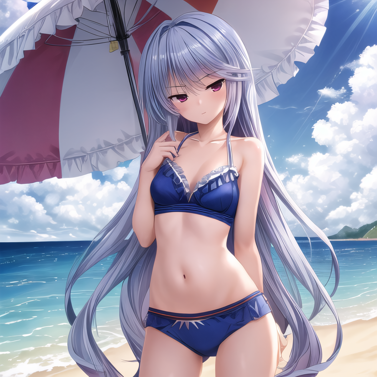 best quality, masterpiece, ultra-detailed, kazami kazuki, silver hair, 1 girl, solo, standing, long hair, purple eyes, bikini, beach, sea