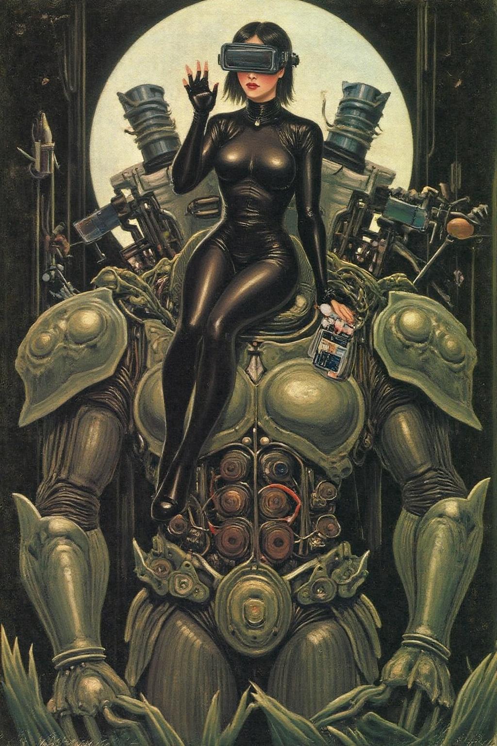 henrou1 painting
A striking, futuristic scene depicts a woman dressed in sleek, form-fitting leather attire, sitting confidently atop an open power suit, inspired by the cyberpunk aesthetics of Masamune Shirow. The power suit, a blend of advanced technology and military-grade armor, features intricate mechanical details, exposed wiring, and a robust, yet streamlined design. The woman, wearing a cutting-edge VR headset, exudes a sense of control and mastery over the machine beneath her. Her posture is relaxed yet commanding, with one hand resting on the suit's metallic surface and the other casually holding a piece of advanced tech. <lora:henrou1_jungle_cap_d6a3e14:1.0><lora:817691434762348496:0>