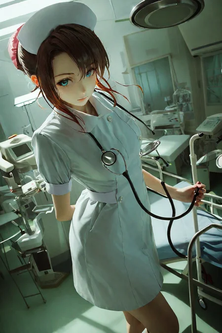 1girl, natural lighting
hospital, operating room,
(((White))) nurse uniform smooth, nurse, nurse hat, stethoscope,
aerith_gainsborough,
<lora:nurse_uniform_xl_v1_1:1>, masterpiece, best quality,