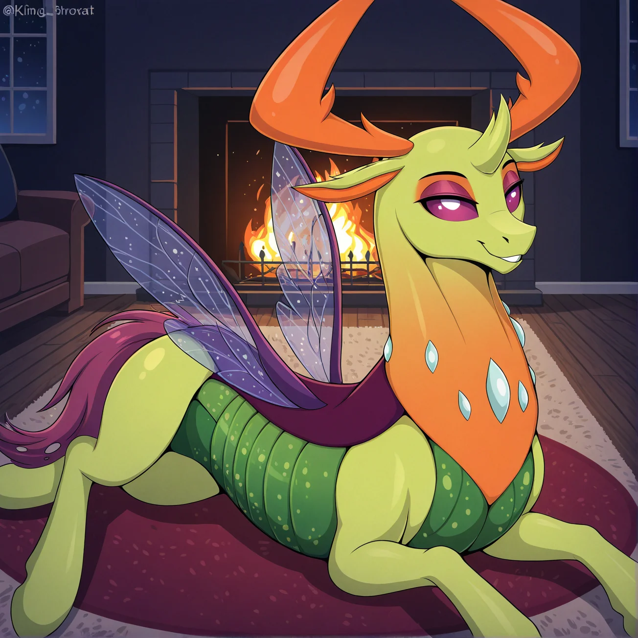 masterpiece, best quality, newest, absurd res, hi res, equid, equine, feral, solo,
changeling, king thorax, insect wings, lying on stomach, looking at viewer, seductive look, living room, fireplace, darkness, night, carpet
[mricantdraw|czubox|swaybat|kuroran|phenya|dripponi]
<lora:King_Thorax:1>
