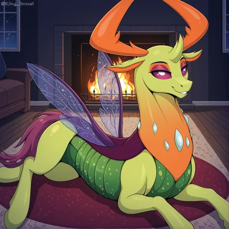 masterpiece, best quality, newest, absurd res, hi res, equid, equine, feral, solo,
changeling, king thorax, insect wings, lying on stomach, looking at viewer, seductive look, living room, fireplace, darkness, night, carpet
[mricantdraw|czubox|swaybat|kuroran|phenya|dripponi]
<lora:King_Thorax:1>