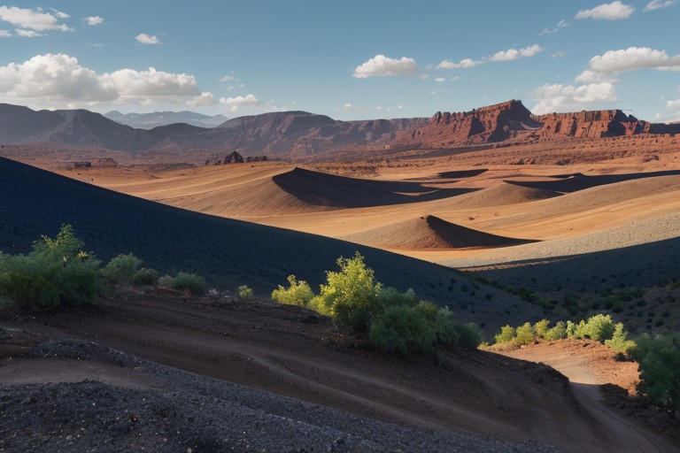 ((overlooking an exotic alien landscape)), ((blue sand)), ((sand is colored blue)), ((hills of blue sands)), green shrubs growing in the sand, shrubs are stubby and sporadic, sky is tinted yellow, land is blue dirt