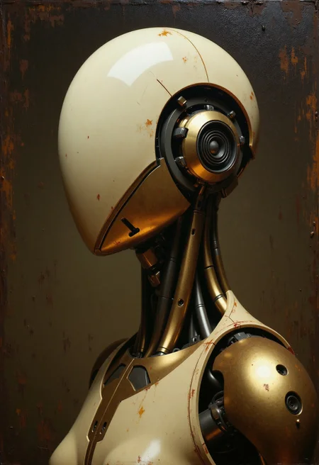 Classical oil painting of a faceless android, The android's head is smooth and featureless, resembling polished, aged ivory or cool ceramic, rendered with soft, blended brushstrokes and subtle sfumato transitions in the shadows. Light catches the curve of the helmet with delicate impasto highlights. Visible neck and upper shoulders show integrated plating with graceful lines, perhaps hinting at underlying structure through subtle tonal shifts and texture variations suggestive of worn bronze or patinated metal, painted with visible, yet controlled, brushwork. The overall mood is quiet and introspective. Set against a dark, heavily textured canvas background with deep, moody umber and sienna tones, typical of Rembrandt-esque portraiture. Lit by a single, soft light source from the upper left, creating gentle chiaroscuro effects that sculpt the form. Rich colour palette, emphasis on texture and light interplay, traditional oil painting techniques.
