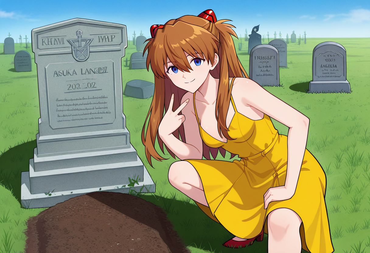 masterpiece, high quality, gr4v3m3m3, squatting, v, looking at viewer, smile, grave, tombstone, grass, graveyard, sky, 1girl, solo, asuka langley, yellow dress,