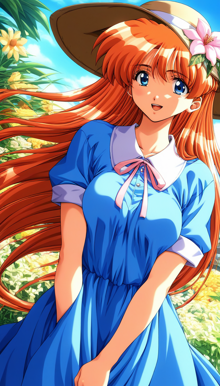 score_9, score_8_up, score_7_up, source_anime, rating_explicit, BREAK  <lora:Kobayakawa_Mizuho_XL:1> Kobayakawa_Mizuho, blue eyes, very long hair, orange hair, 1990s (style), bangs, breasts,
1girl, solo, hat, sun hat, dress, short sleeves, flower, hat flower,
blue dress,  looking at viewer, open mouth, ribbon, cowboy shot, light smile.
looking at viewer, sky, outdoor,