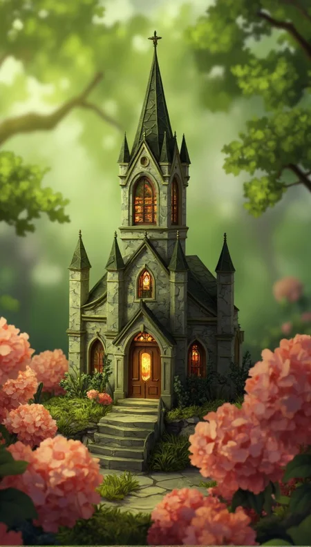 <lora:ck-LttleGhost-000011.safetensors:1> in the style of ck-lttlegh0stA miniature Gothic-style church stands amidst a whirlwind of vibrant pink flowers, its intricate stone façade and stained glass window glowing with an ethereal light. A delicate spire stretches towards the sky, while the blurred green background heightens the sense of enchantment. Delicate detailing and soft focus create a dreamlike quality, as if this moment has been distilled from the very essence of fantasy itself.