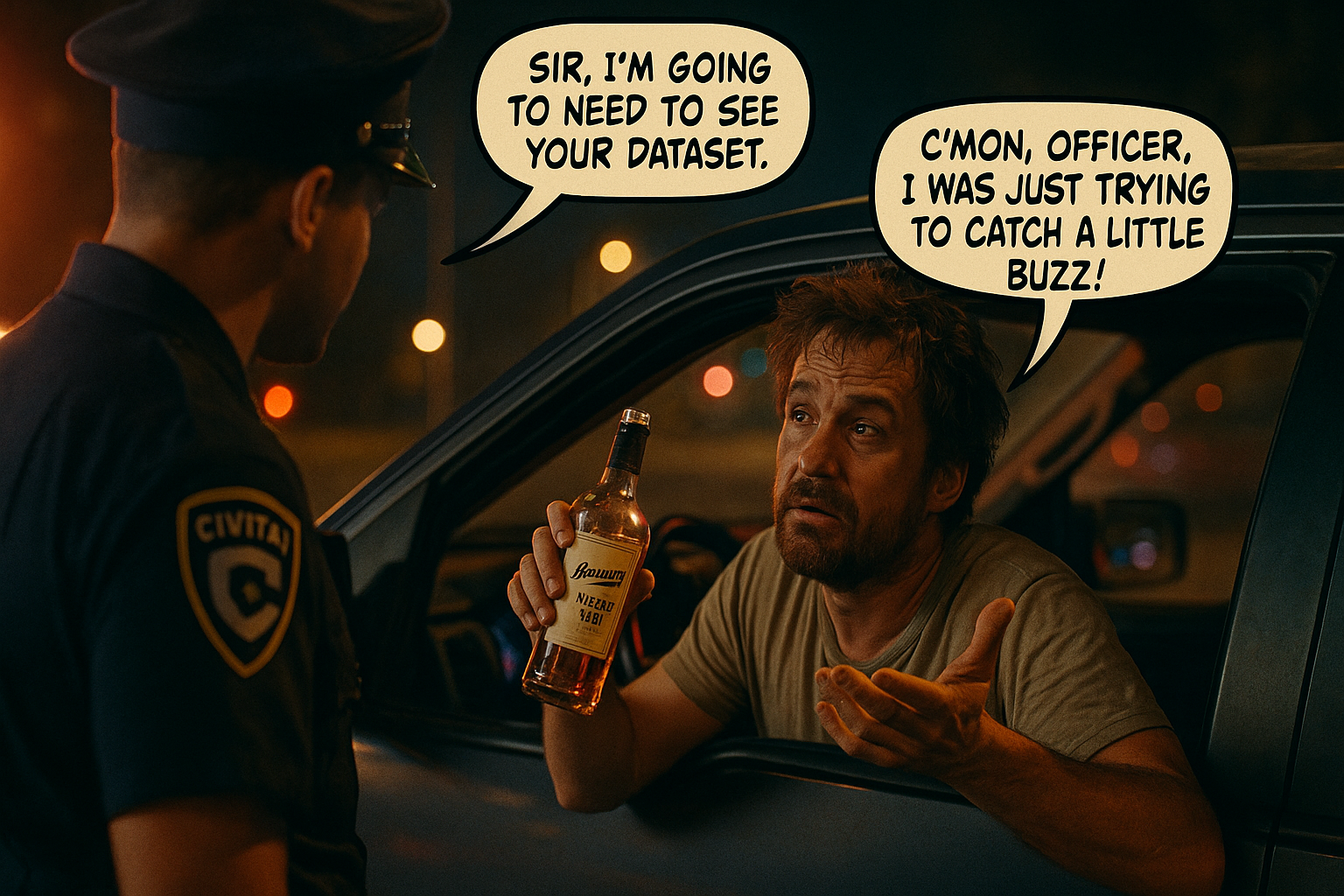 Create image a cinematic movie still, nostalgic 2000s party film vibes, a night scene, cinematic lighting, a DUI traffic stop,

BREAK

2 men:

in the foreground from behind we see 1 man wearing a police officer's uniform, on the sleeve is a badge that says "CIVITAI" with the CivitAI logo. The man is wearing a police officer's hat and he is looking at the man in the car he has apparently just pulled over. In a speech bubble we see he is saying: "Sir, I'm going to need to see your dataset." In the police officer's right hand we see a half-empty bottle of booze with a label that says "Bounty: Artstyle LoRA" ,

in the mid-ground we see 1 man in the driver's seat of the car that the police officer has pulled over, he appears drunk and disheveled with messy bedhead hair, he has a scraggly beard, the car door window is rolled down and through the open window the man in the car is looking up at the police officer and appears to be pleading his innocence, shrugging his shoulders in an exaggerated incredulous manner and raising his eyebrows, with a speech bubble we see that he is saying: "C'mon, officer, I was just trying to catch a little buzz"