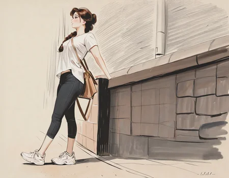 by helleu, 1girl, t-shirt, capri-pants, sneakers, walink, sidewalk, low-braided-long-hair, from-side, messenger-bag, masterpiece, best quality, newest, absurdres, highres