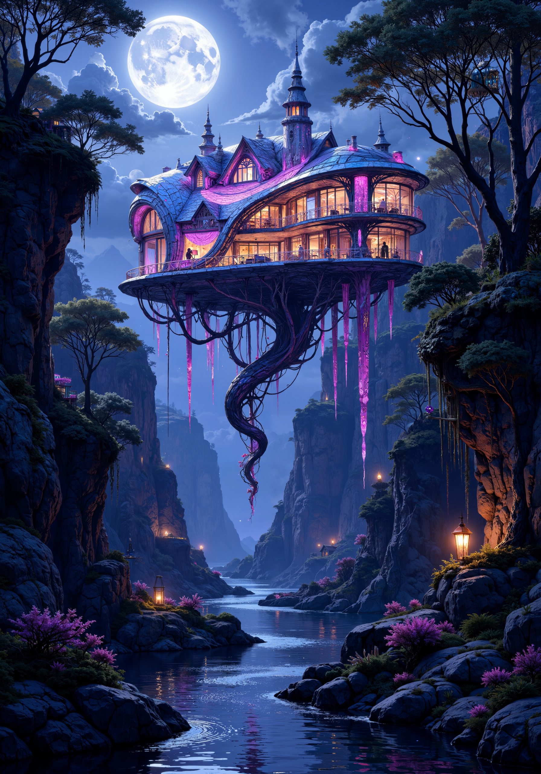A visionary retreat seamlessly blending futuristic design with nature; an extraordinary house rising on twisted, luminous crystalline vines suspended over a reflective, moonlit canyon. Intricate, hand-carved details intertwine with ultramodern glass and metallic filigree, evoking surreal harmony between engineered precision and untamed wilderness. A palette of deep violet, iridescent blue, and soft silver glows amidst ambient, ethereal luminescence, casting intricate shadows over moss-covered rocky surfaces. Meticulous texture, high-resolution 8K detail, and atmospheric volumetric lighting enhance the enchanted interplay of space and form, evoking an otherworldly masterpiece where architectural audacity meets natural splendor. <lora:ck-charcoal-drawing-000014:0.3> <lora:It's a LoRA for portraits, BUT! actually specialized in backgrounds. v1.0:0.4> <lora:Memadukan_Brush_Strokes_of_Fineart:0.3> <lora:FluxMythP0rtr4itStyle:0.3> <lora:Organic Sauce - FLUX:0.2> <lora:flux_dev:1>