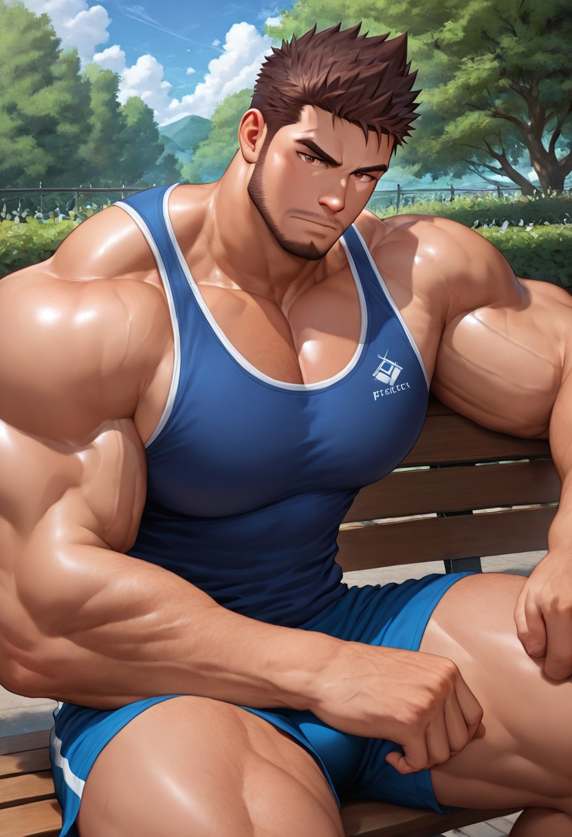 m1x3dstyl3,semi realistic,very awa,masterpiece,best quality,absurdres,newest,perfect quality,detailed background,intricate details,muscular ,bara,bodybuider,1 boy,detailed face,handsome,large pectoral,facial hai,outdoor,detailed eye,detailed face,perfectly drawn eyes,serious face,puffy pectoral,puffy muscle,large pectoral, facial hair, mature male,standing,detailed background,sitting on a bench ,resting arm,detailed,perfectly drawn eyes,perfectly drawn face,brown hair,spiky hair,short hair