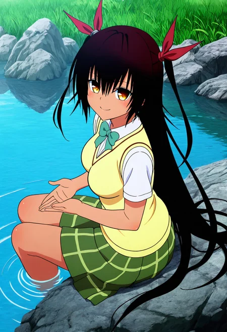 masterpiece, best quality, medium breasts, anime screenshot, to love-ru, to love-ru darkness, absurdres, highres, smile, solo,
master_nemesis, nemesis, long hair, black hair, ribbon, twintails, hair ribbon, yellow eyes, dark skin, dark-skinned female, mature female, large breasts, anime screencap,
green skirt, plaid, plaid skirt, sainan school uniform, school uniform, skirt, sweater vest, yellow sweater, short sleeves,
sitting on a rock, lakeside, gentle breeze, reflective water, warm sunlight, relaxed expression, looking at viewer, smile, side view, from above, Sitting on a smooth rock by the crystal-clear lake, she leans back on her hands, letting out a soft sigh of contentment. The afternoon sun glistens on the rippling water, creating shimmering reflections that dance across her clothes. hair sways in the light breeze.