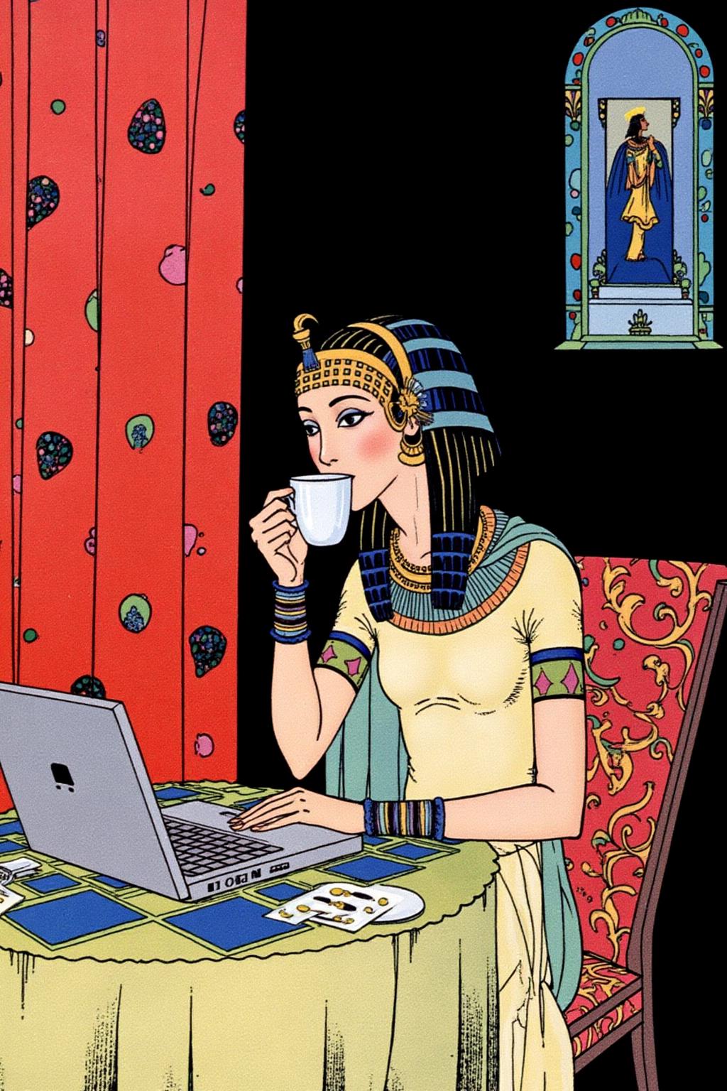 sterrett1 illustration.
Egyptian Queen Cleopatra working on her laptop while drinking coffee.
 <lora:sterrett1_cap_d6a3e8:1.0><lora:837024276562353600:0>