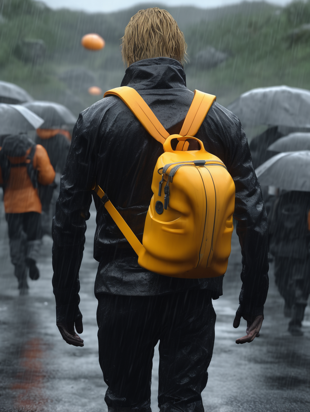 <lora:Death Stranding:1>Death Stranding - death stranding in black suit with yellow backpack walking with a baby in a orange capsule attached to chest in the rain cinematic ultra hd