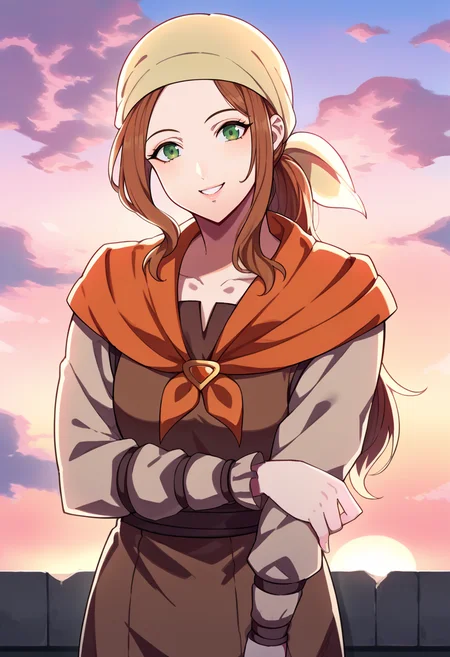 score_9, score_8_up, score_7_up, source_anime BREAK solo, 1girl, <lora:Fates-villager-maiden-pdxl_Fp-000005:1>,fatesvillagemaiden, ponytail, bandana, brown hair, green eyes, brown shirt, long sleeves, neckerchief, pants, <lora:FE3H-S-Rank-pdxl_Fp:1>, sky, cloud, sunset, smile, looking at viewer,