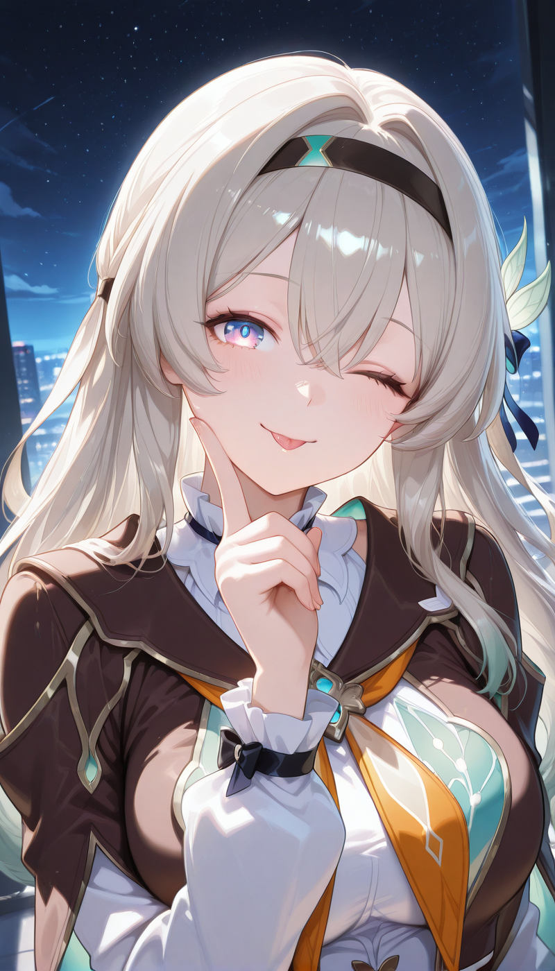 <lora:LCMTurboMix_Euler_A_fix:1> <lora:example_SDXL:0.3>, EZRealPONYXL, <lora:Dramatic Lighting Slider:3> 
DSLR,realistic,cosplay photo, (very awa,masterpiece,best quality,year 2024,newest,absurdres,highres:1), realistic,skin texture,facial features, photography shot with Canon EOS 5D Mark IV , realistic, RAW, best quality, masterpiece, amazing quality, skin details,
1girl, highly detailed beautiful face, large natural breasts,
detailed background, shiny skin, dutch angle, night, moonlight,
beautiful detailed eyes, intricate details, absurdres, anime screencap,
 <lora:Hotaru_HonkaiStarRail_ILXL_kill0825:1>
HSHotaru, 1girl, solo, long hair, breasts, looking at viewer, blush, smile, blue eyes, shirt, large breasts, long sleeves, hair ornament, dress, bow, ribbon, hair between eyes, closed mouth, jacket, purple eyes, white shirt, upper body, grey hair, hair ribbon, multicolored hair, sidelocks, hair bow, hairband, one eye closed, sky, sleeveless, collared shirt, tongue, hand up, tongue out, pink eyes, black jacket, neckerchief, head tilt, sparkle, gradient hair, night, hair intakes, black hairband, blue ribbon, star (sky), night sky, index finger raised, cropped jacket, :p, brown jacket, multicolored eyes, yellow neckerchief, two-sided fabric, ;p, gradient eyes, finger to cheek, two-sided jacket, two-tone eyes, orange neckerchief, blue pupils, crossed bangs