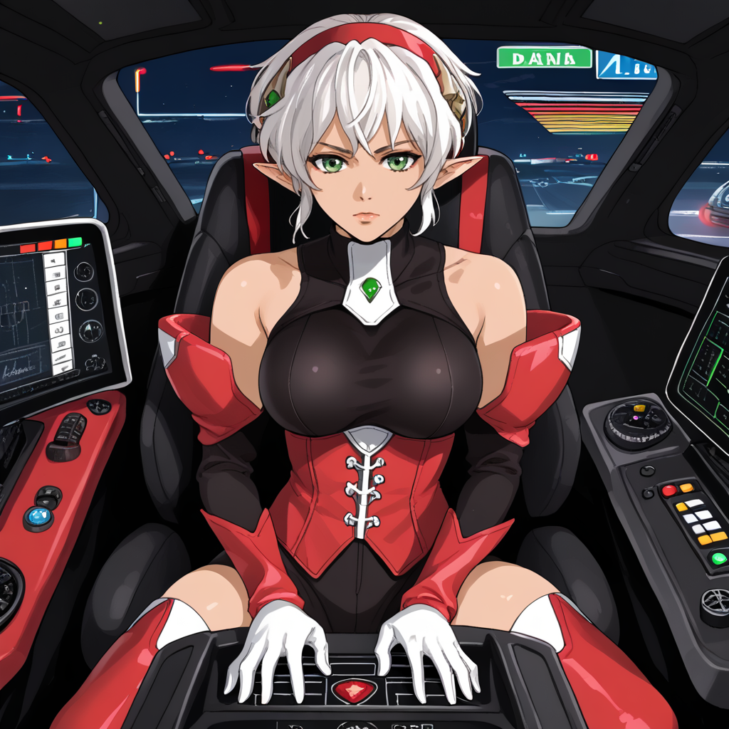 1girl, solo, sit, cockpit, colored lights, dashboard, <lora:DominiaXLpony:1> Dominia, green eyes, white hair, short hair, hairband, pointy ears, dark skin, large breasts, bare shoulders, red sleeves, white gloves, black bodysuit, red corset, thighhighs, boots,