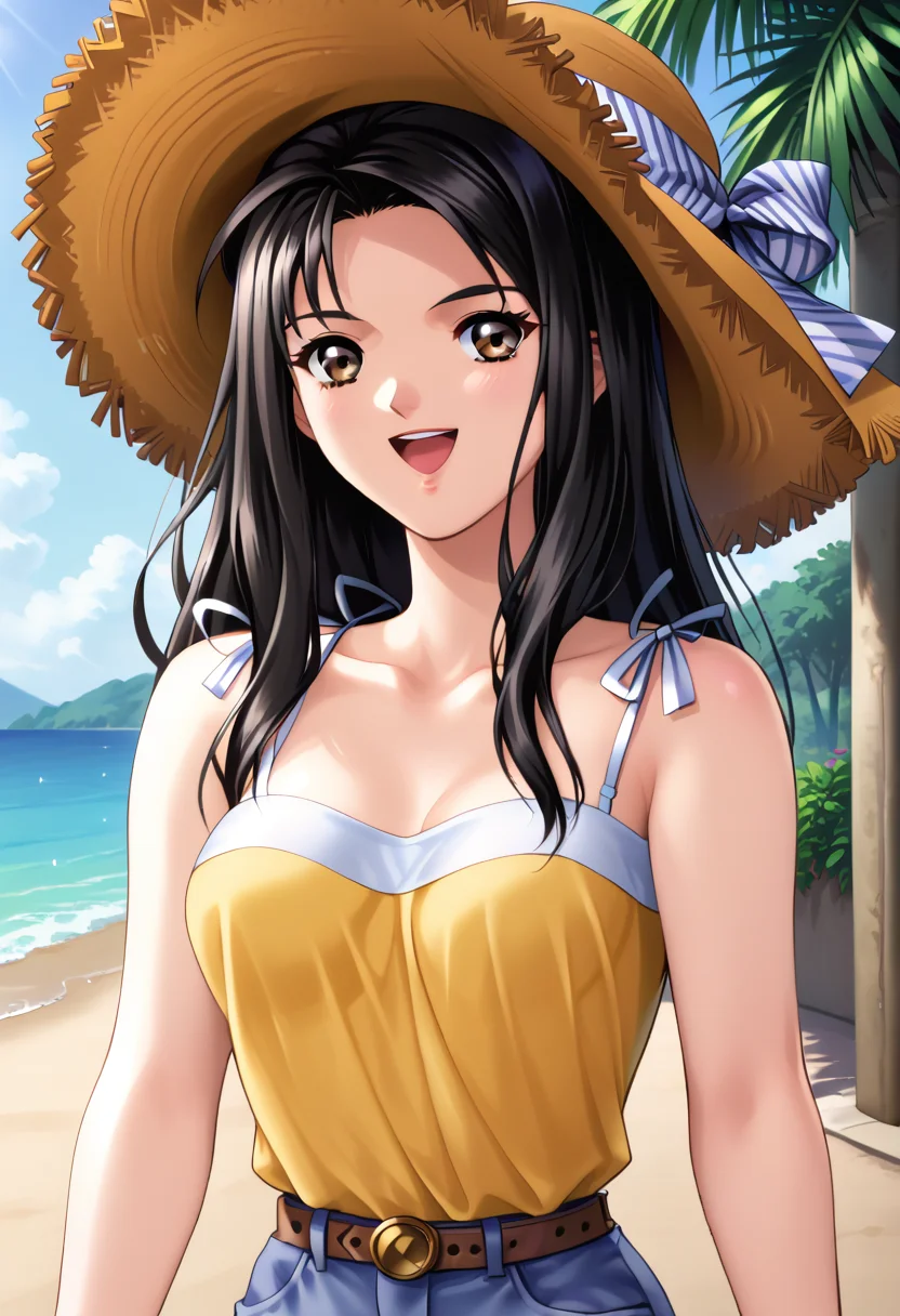 score_9, score_8_up, score_7_up, BREAK N4saki, 1girl, straw hat, black hair, long hair, outdoors,seaside, brown belt, open mouth, smile, yellow camisole, brown eyes, hat ribbon, looking at viewer,denim, spaghetti strap, medium breasts,bare shoulders, collarbone, a upper body, teeth, yellow shirt, pants,sleeveless, <lora:Masakiorig:1>