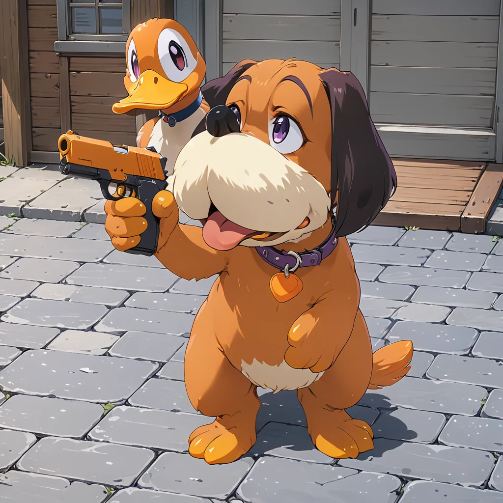 dog holding orange pistol, duckhuntxl, purple duck,  feathers <lora:DuckHuntXL:.7>, (anime, masterpiece, intricate:1.3), (best quality, hires textures, high detail:1.2), (4k),(incredibly detailed:1.4),UHD, 8K, ultra detailed