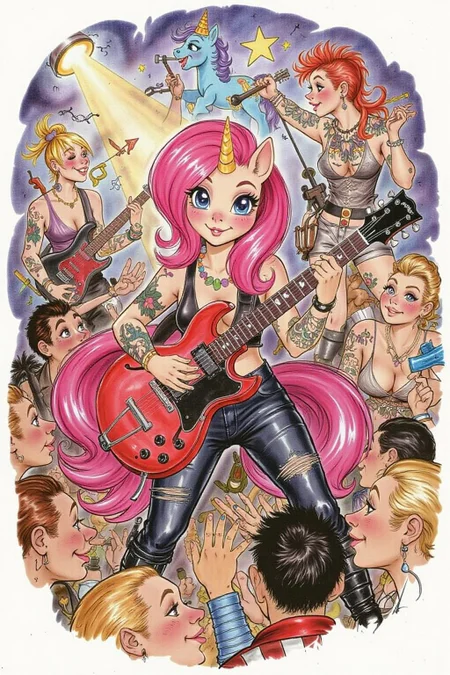 d0sn illustration of my little pony playing a guitar at a heavy metal mosh pit, tattoos, piercing <lora:d0sn_illus1_fl_d6a3:1.0> <lora:Flux-Sch-SingleBlocks-BF16:1.0><lora:803578412745811973:0>