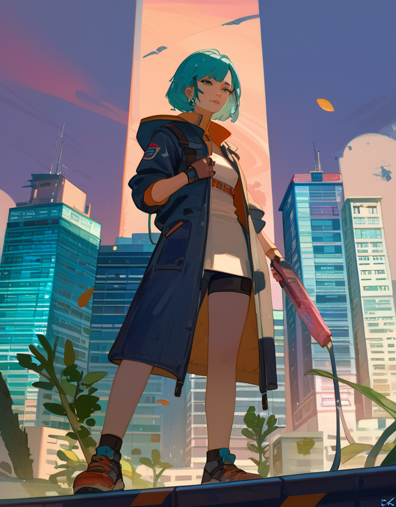 zPDXL2, <lora:KukkaV1:1>, kukk4, 2girls, standing on top of a skyscraper, sci-fi building in the background, watercolor