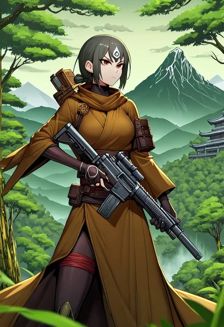 GunMonk, 1woman, holding a gun,  forest mountain background