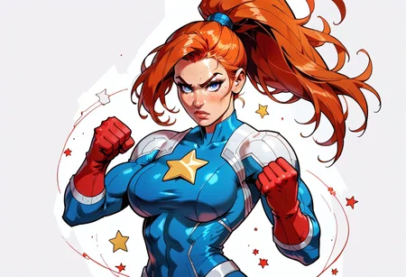 safe_pos, score_9, score_8_up, score_7_up, source_cartoon, graphic novel, illustration, line art, digital painting, best quality, looking at viewer, hourglass figure, round breasts, beautiful, blue superhero girl, patriot, patriotic, American, strong woman, skinny, strong, long hair, orange hair, ((redhead)), blue eyes, pointy nose, ponytail, oiled skin, long eyelashes, brown eyebrows, eyeshadow, athletic fit body, defined muscles, strong biceps, defined glutes and leg muscles, ((white star:1.5)), star centered on chest, blue superhero outfit, long sleeves, red accents, elbow-length red gloves, armored gloves, heroic, fist, punch