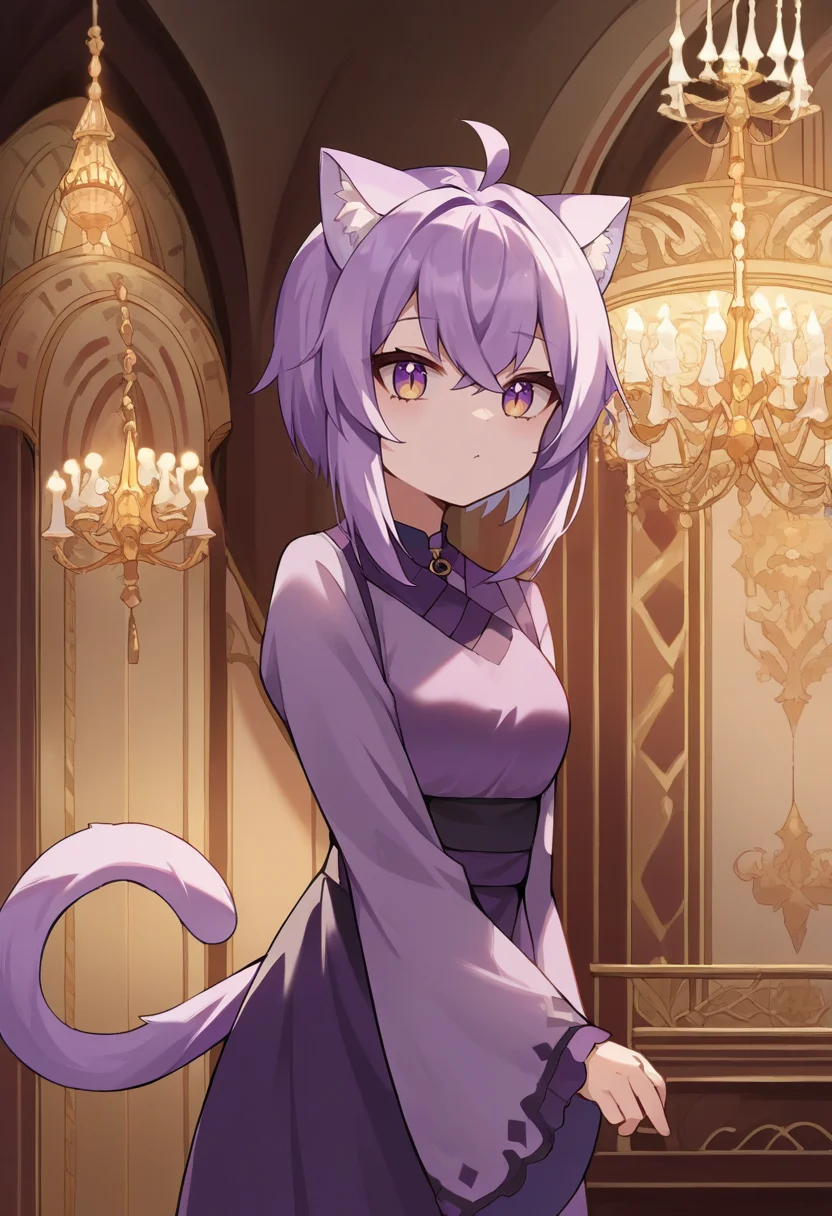 score_9, score_6_up, source_anime, 1girl, solo, chandelier, purple dress, okayu, ahoge, cat tail <lora:nekomata_okayu_sdxl_pony:1>