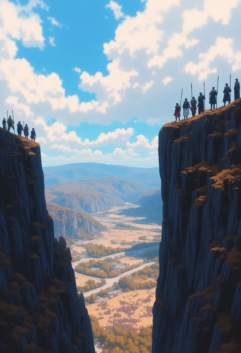 <lora:NeonFantasyPrimeFLUX-000049:1> ne0nfant4sy,
A group of warriors standing on the edge of a cliff, looking out over a battlefield where two massive armies clash below.