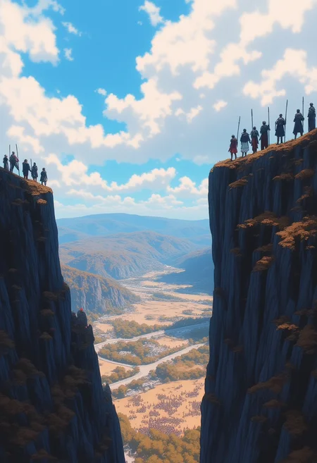 <lora:NeonFantasyPrimeFLUX-000049:1> ne0nfant4sy,
A group of warriors standing on the edge of a cliff, looking out over a battlefield where two massive armies clash below.