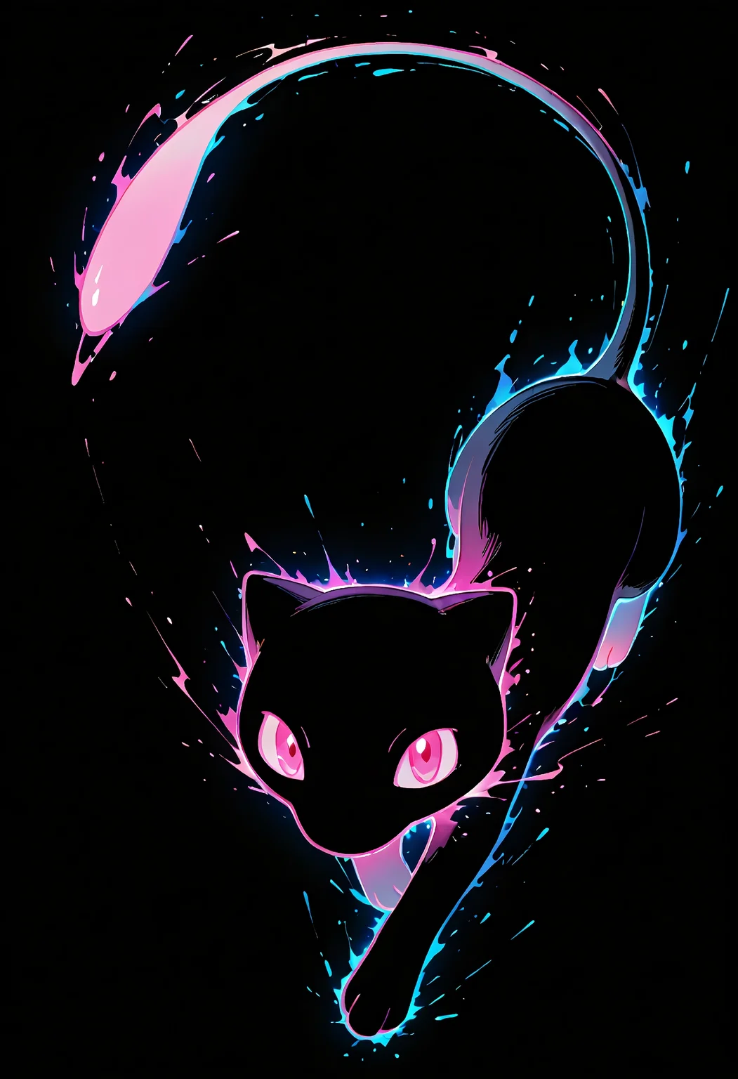 masterpiece, mew, limited palette, black background, colorful, vibrant,glowing outline, (neon:1.2), blacklight ,very aesthetic, look at the viewer,
