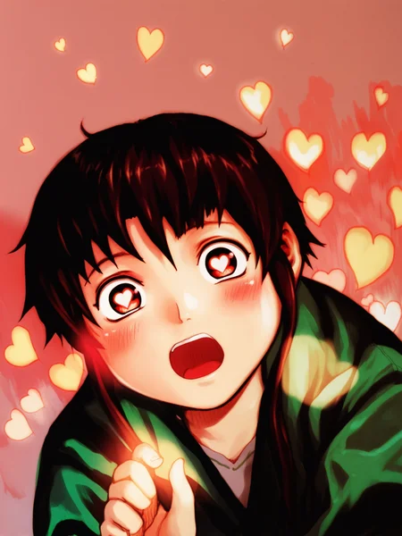 score_9, score_8_up, score_7_up, uncensored, BREAK, 1girl, <lora:yoshitoshi_ABe_Style_PDXLv1.1:1> abe yoshitoshi style, solo, brown hair, brown eyes, heart-shaped pupils, open mouth, glowing, blush, looking at viewer, iwakura lain,