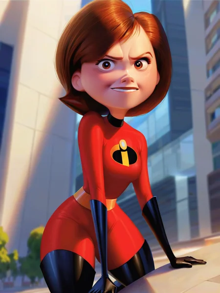 <lora:Helen_Parr:0.9> pa_rr, pa_rr, 1girl, ginger hair, brown eyes, superhero suit, smile,, score_9, score_8_up, score_7_up,