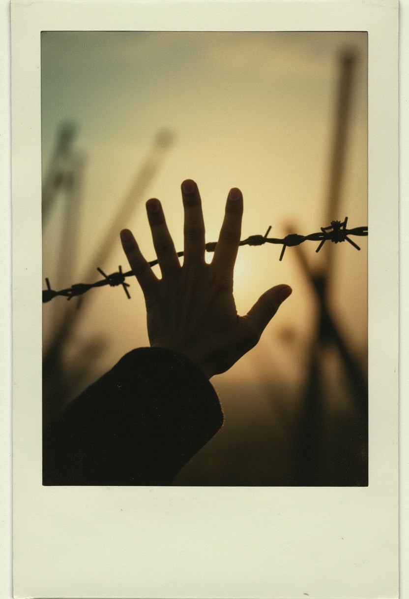 "A Polaroid of a hand reaching out through barbed wire, soft focus with a creamy bokeh, analog noise speckling the image, faint echoes of gunfire painted in watercolor-like streaks, an artsy fusion of despair and hope." cinematic_1940s cinematic_octane
