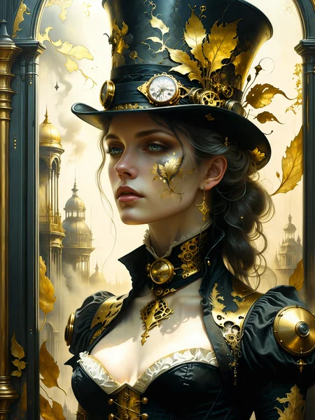 famous artwork inspired by (yoann lossel:1.2), graphite and (gold leaf:1.2), (steampunk:1.2), movie poster style, highly detailed portrait of a beautiful lady with top hat, corset, victorian era, dappled sunlight, in front of a victorian era steampunk city, dark corners, <lora:midjourney_mimic-xl-by_andrexsel:0.4> <lora:more_artful-xl:0.52> <lora:lyco-style-envydramaticlightingxl01_digital_art-xl:0.48> <lora:envyzoomsliderxl01-xl:0.44> <lora:envybetterhiresfixxl01-xl:0.0:hr=1.0>
