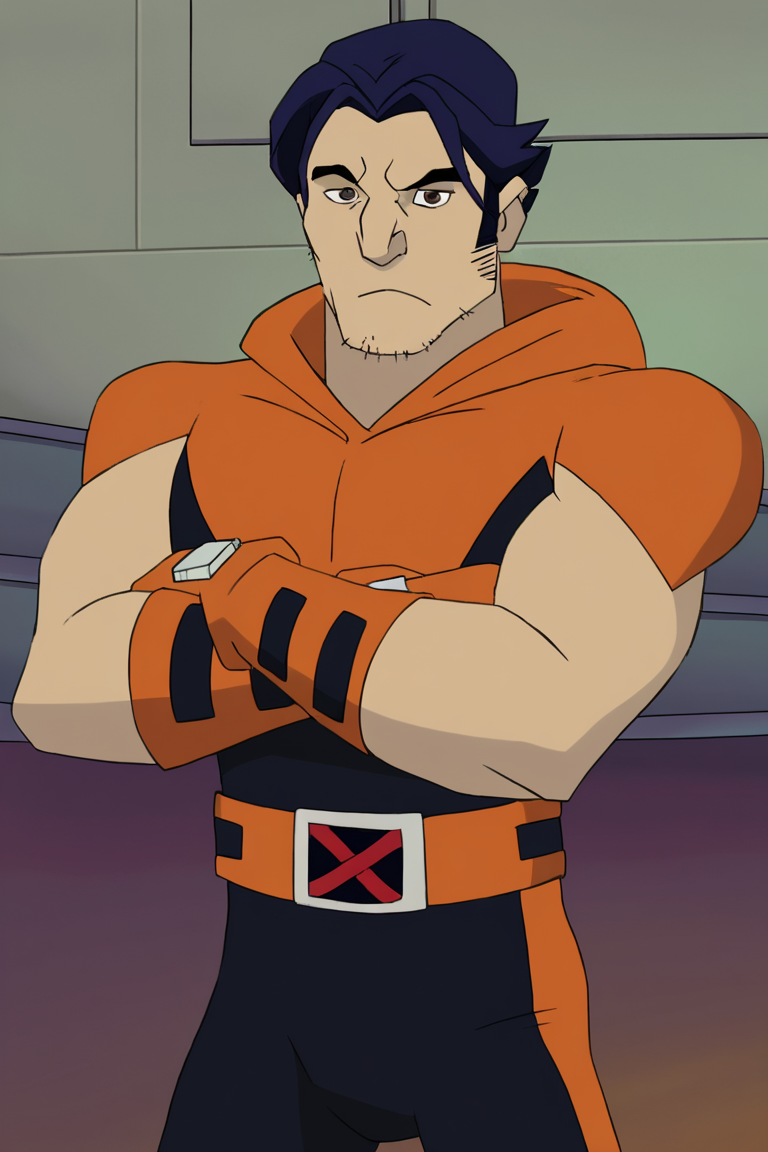 masterpiece, best quality, highres, newest, logan, wolvevo, 1boy, solo, male focus, mature male, short hair, dark blue hair, brown eyes, thick eyebrows, facial hair, stubble, sideburns, hood down, bodysuit, orange bodysuit, black bodysuit, two-tone bodysuit, short sleeves, orange gloves, belt, muscular, frown, crossed arms, looking at viewer, standing, cowboy shot, indoors, bedroom <lora:Wolverine (Logan) X-Men Evolution (First Suit+Logan) v1.1 [LoRA] - NoobAI-XL EPS 1.0:0.8>