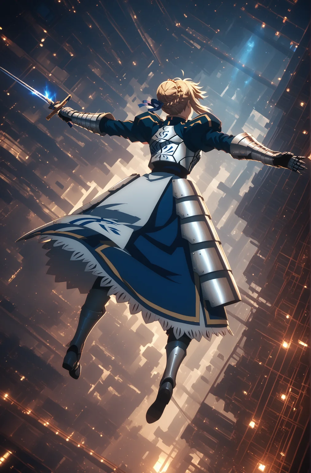 score_9, score_8_up, score_7_up, score_6_up, source_anime, <lora:infinity castle:0.85> building, scenery, night, spark , dark, bridge, motion blur, outstretched arms, falling, japanese interior, 1girl, solo, <lora:artoria-pendragon-hf-ponyxl-lora-nochekaiser:0.75> artoria pendragon, artoria pendragon \(fate\), saber, blonde hair, sidelocks, || hair bun, single hair bun, braid, dress, ribbon, hair ribbon, armor, gauntlets, armored dress, from side, from behind, holding weapon, sword,