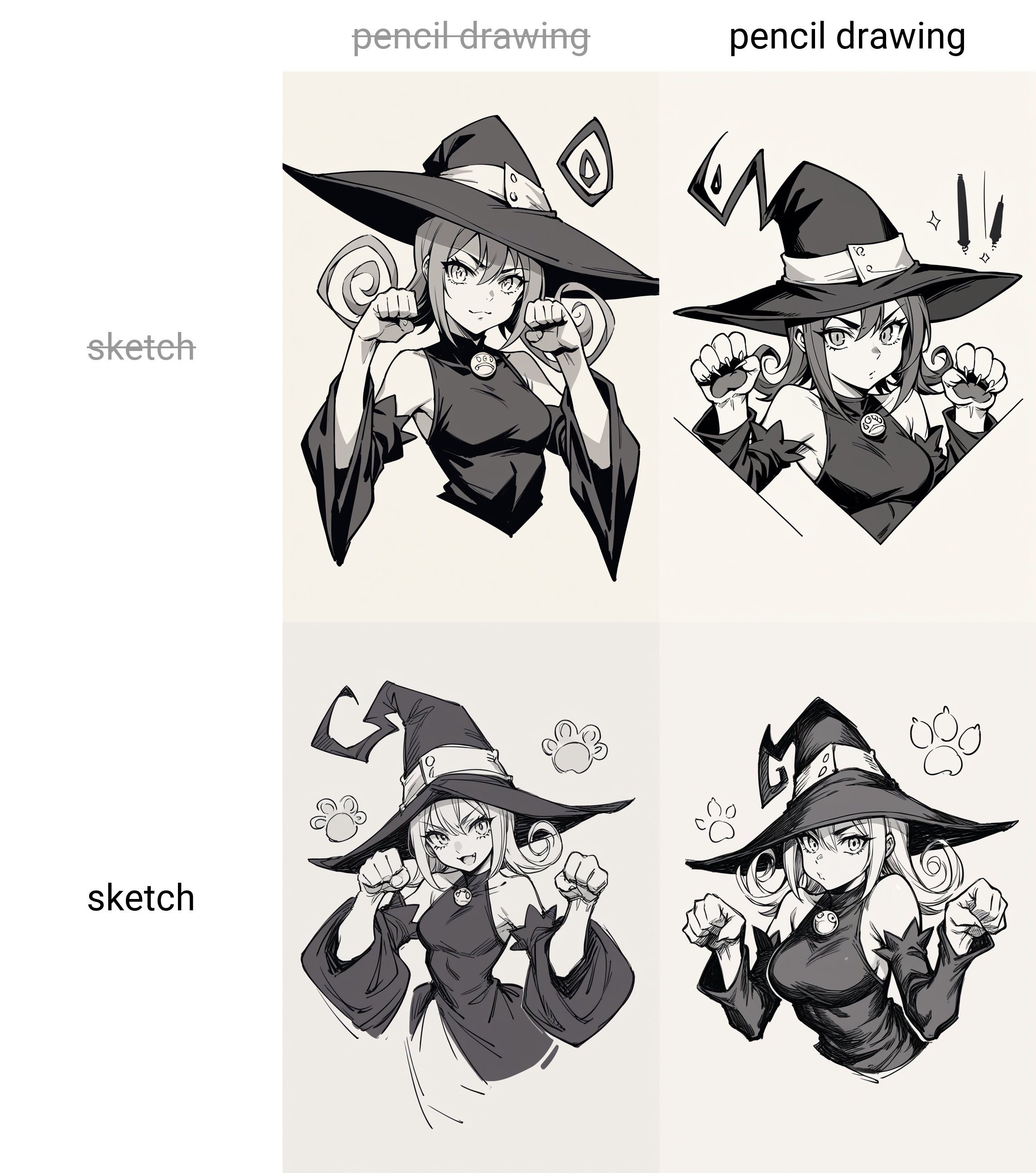 score_9, score_8_up,score_7_up, source_anime, seblair, witch hat, black dress, detached sleeves, black thighhighs, paw pose, :3, monochrome, upper body,
 <lora:Potat-pencil_drawing_sketch_v1-USENEG:-1> ,
<lora:souleater_blair_ponyXL:0.8>