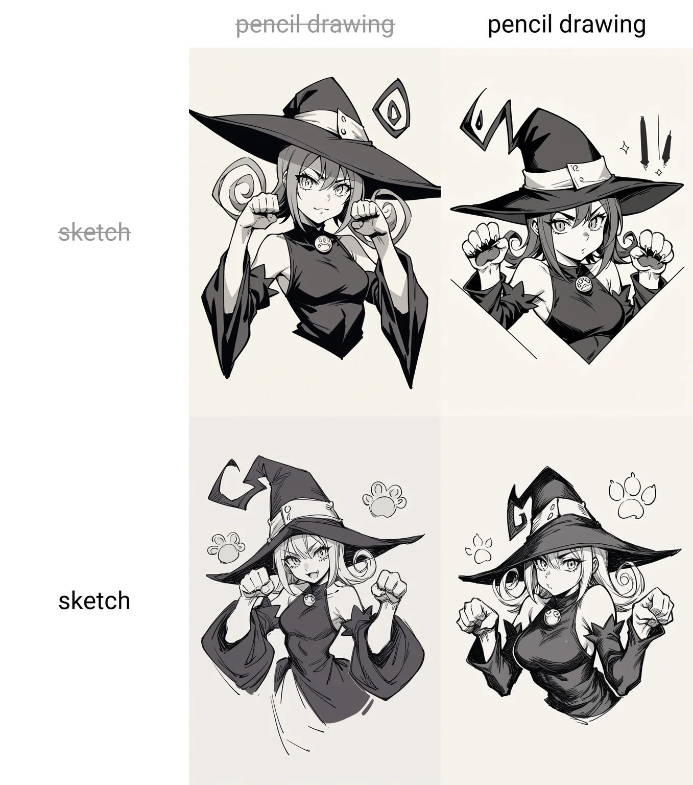 score_9, score_8_up,score_7_up, source_anime, seblair, witch hat, black dress, detached sleeves, black thighhighs, paw pose, :3, monochrome, upper body,
<lora:Potat-pencil_drawing_sketch_v1-USENEG:-1> ,
<lora:souleater_blair_ponyXL:0.8>